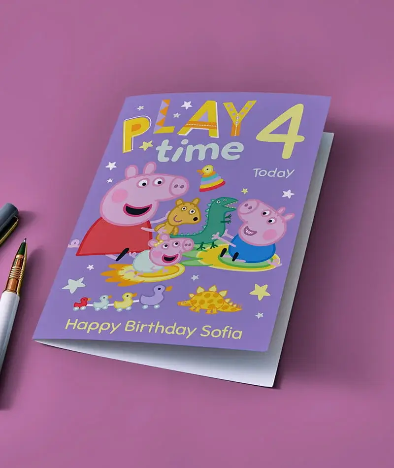 A purple personalised children’s birthday card on a pink background featuring cartoon characters, stars, and the text Play time 4 Today and Happy Birthday Sofia.